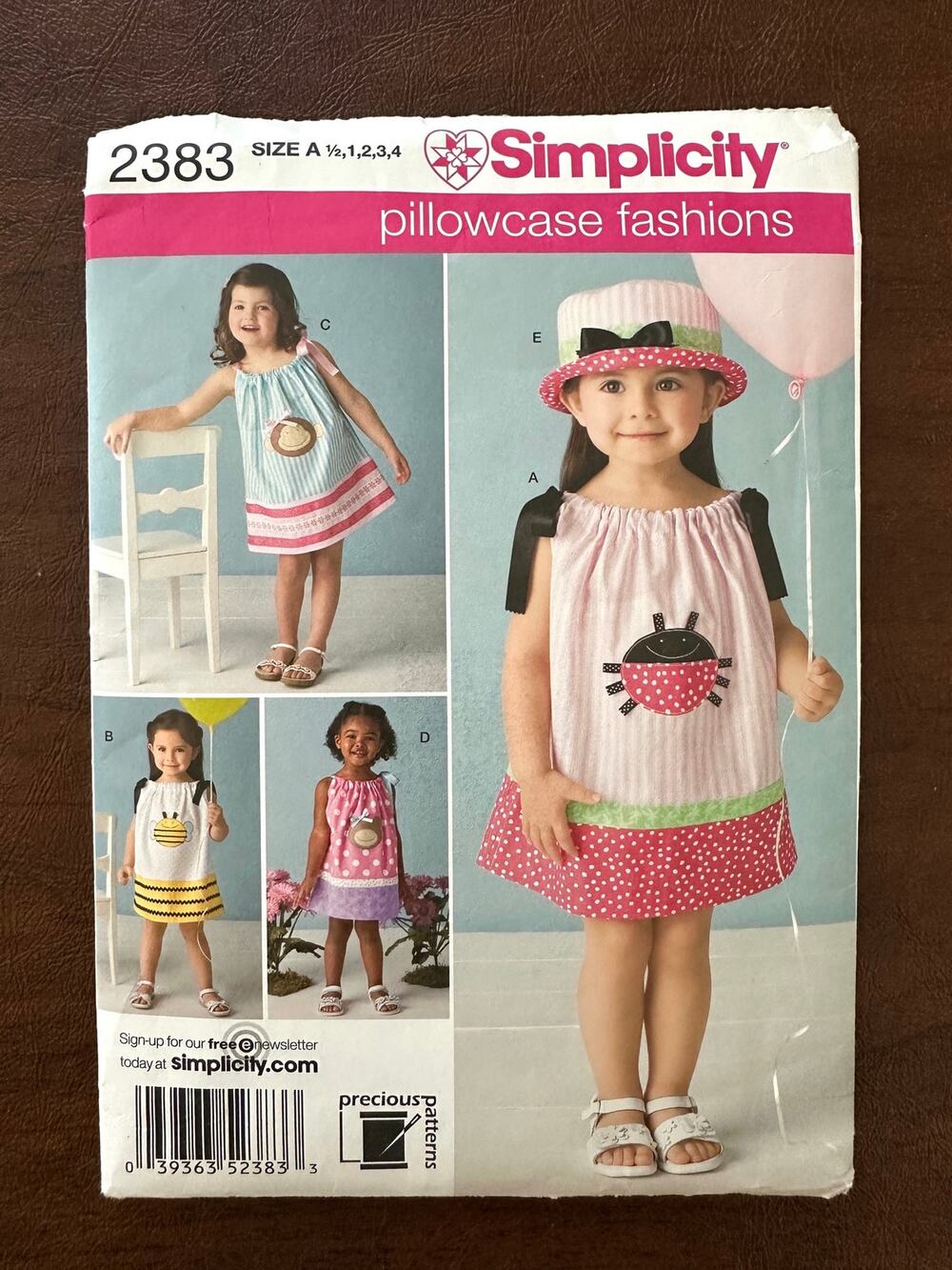 SIMPLICITY 2383 Pillowcase Dress Sewing Pattern Toddler Girls 1-4 Hat Applique